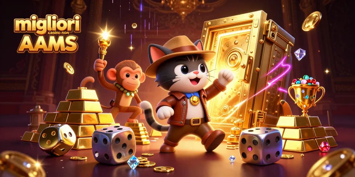 Illustrazione dei migliori casino non AAMS che mostra un gatto esploratore con tesori, monete d'oro e gemme.