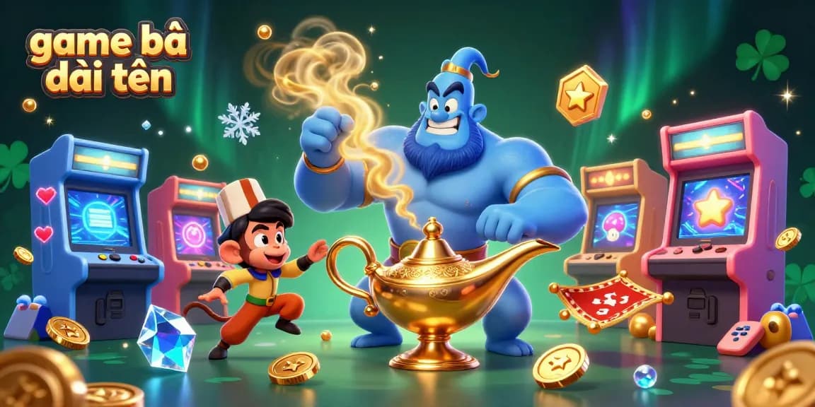 Engage in game bài đổi thưởng with a vibrant 3D scene featuring a blue genie, magic carpet, and casino elements.