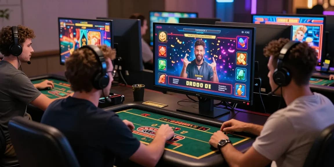 Scène engageante de casino en ligne France avec des joueurs divers profitant des jeux dans un environnement numérique vibrant.