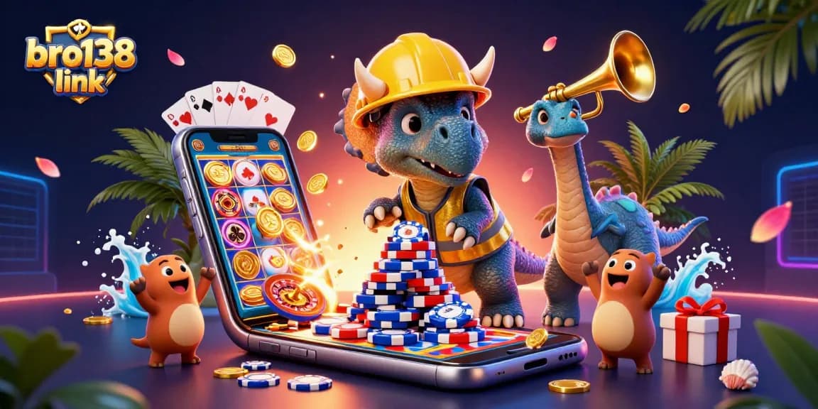 Celebrate winning at bro138 link with a vibrant scene of gaming fun featuring a triceratops!