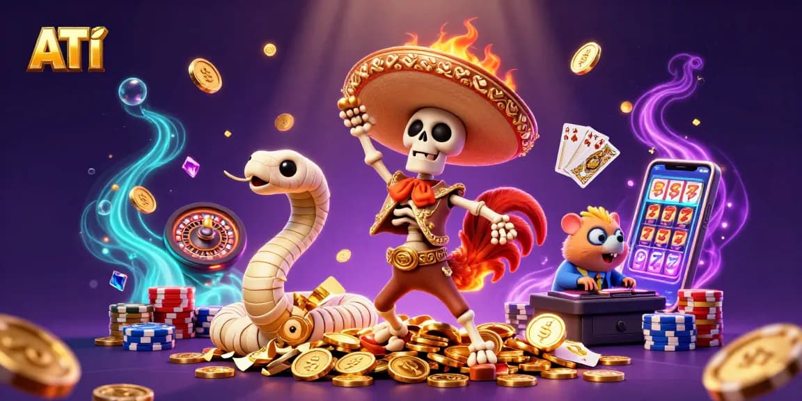Experience ATI's vibrant casino scene featuring a festive rooster and thrilling gaming elements.