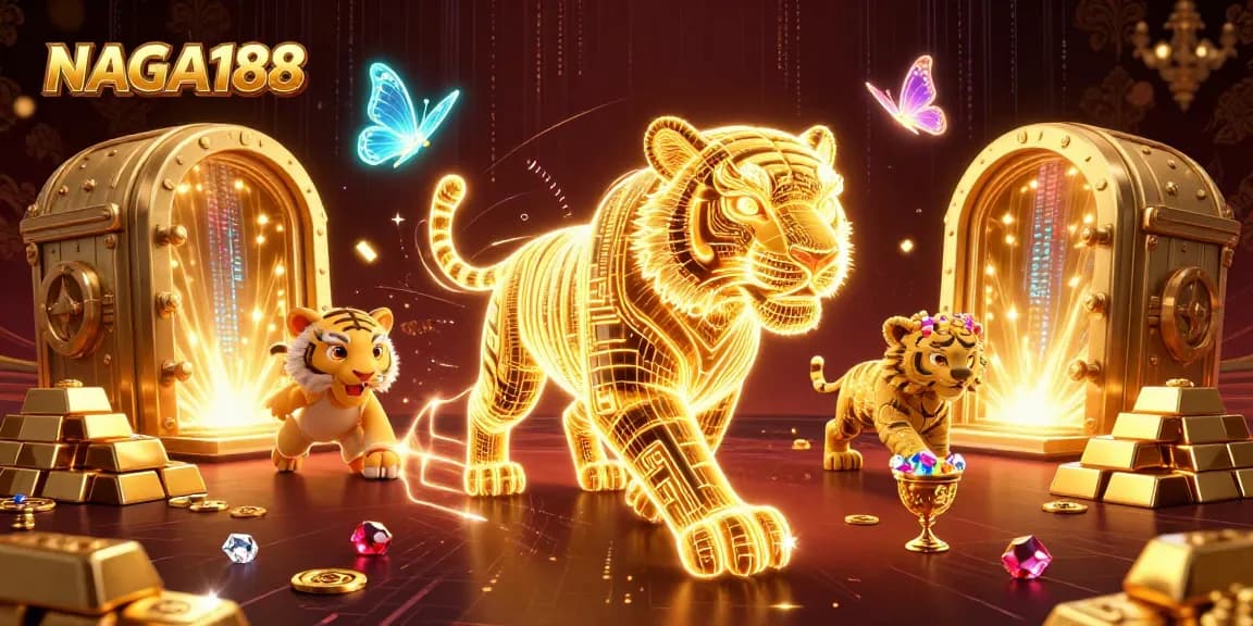 NAGA188 menghadirkan kasino digital dengan harimau emas bercahaya dan petualangan model 3D.