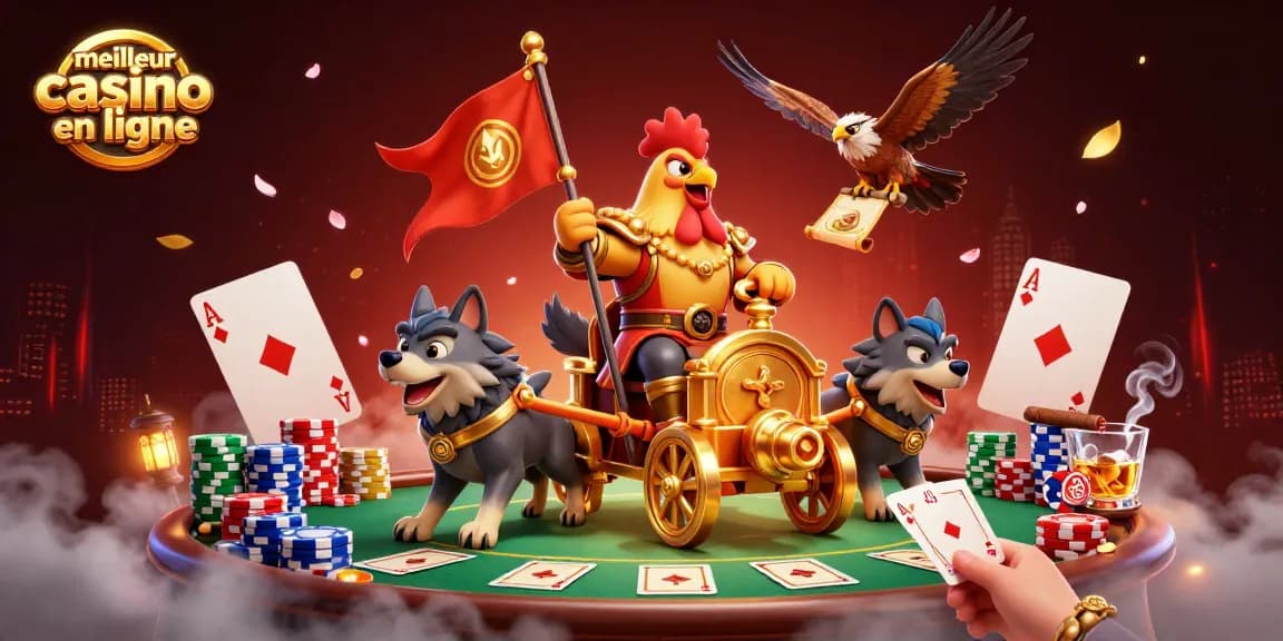 Gagnez avec le meilleur casino en ligne, mettant en avant un seigneur coq et une scène de jeu dynamique.