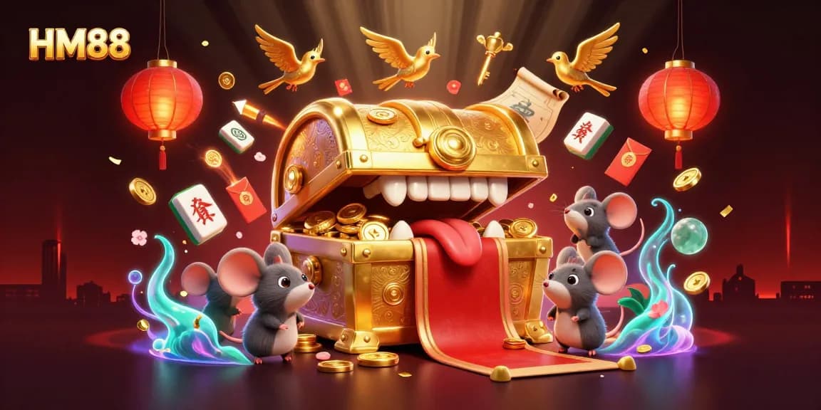 Engage with HM88's immersive treasure-themed illustration featuring lucky charms and festive symbols.