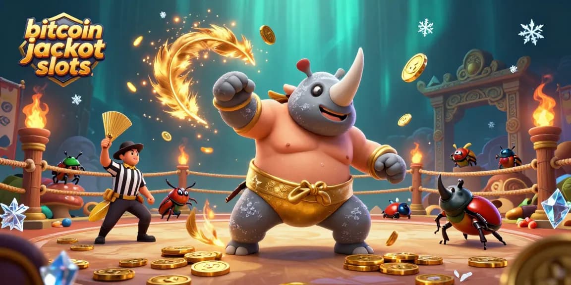 Witness the excitement of bitcoin jackpot slots with a sumo beetle champion and dynamic casino elements.