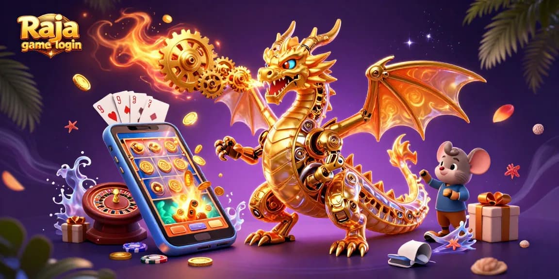 Join the excitement with Raja game login, featuring a golden dragon amidst vibrant casino elements.