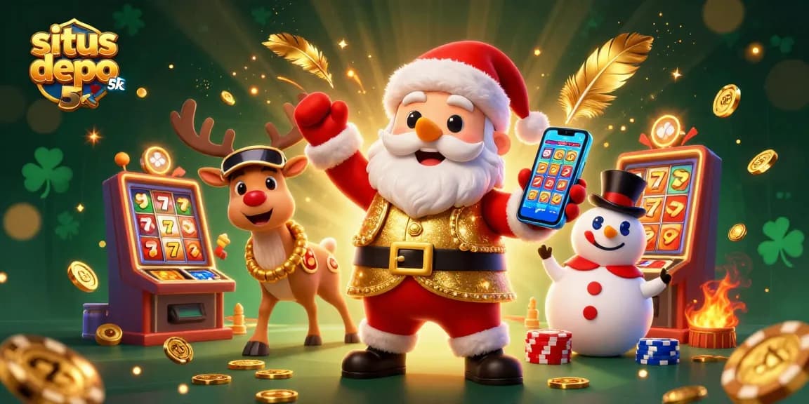Santa Claus celebrating on situs depo 5k with jackpot slots, playful characters and vibrant casino elements.