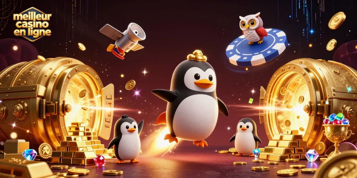 Découvrez l'univers du meilleur casino en ligne avec un pingouin d'or et des trésors virtuels.