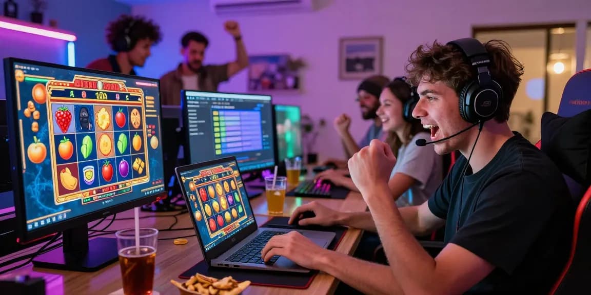 Players enjoying a thrilling online slot game with vibrant graphics and excited interactions.