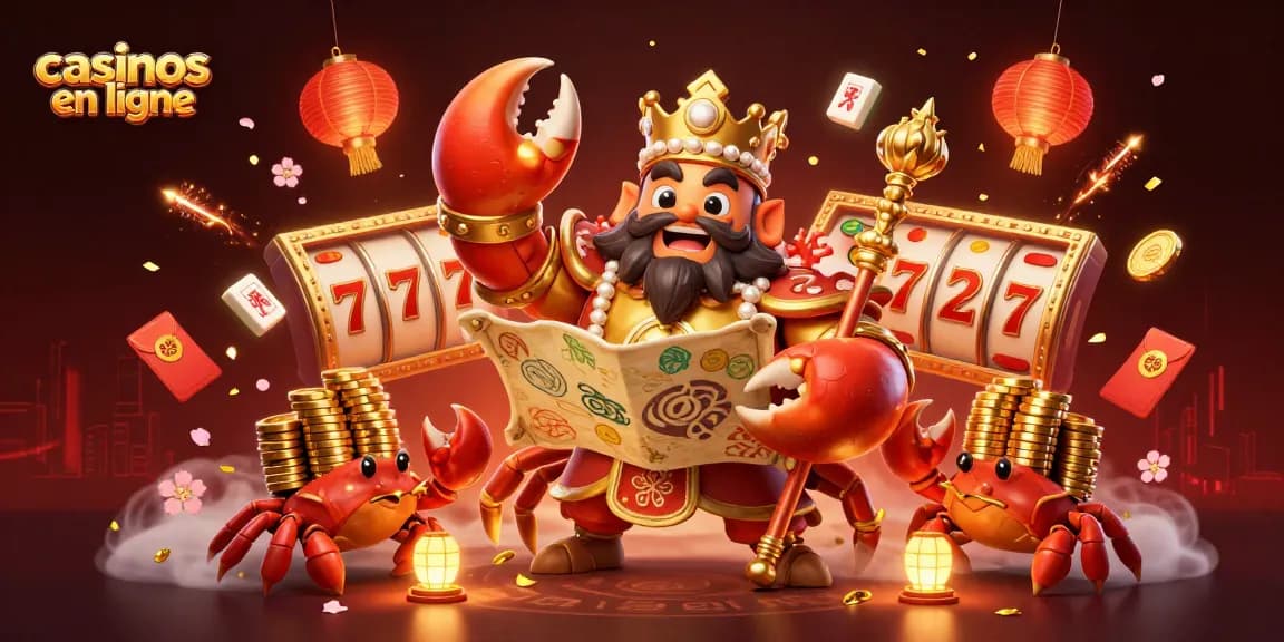 Jouez aux casinos en ligne avec cette illustration dynamique d'un crabe roi et ses serviteurs.