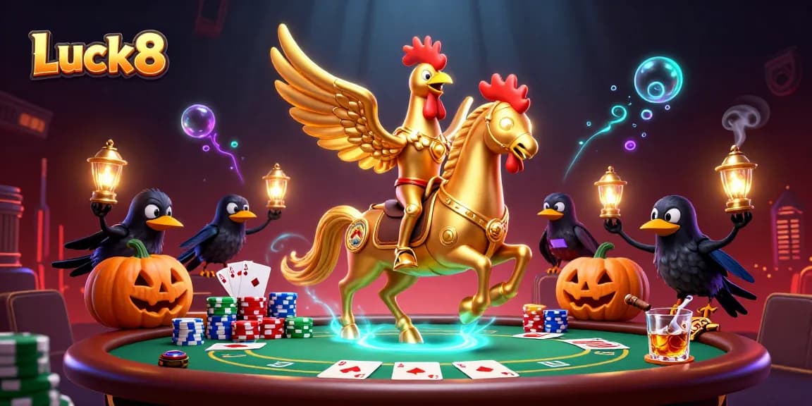 Luck8 shows a golden rooster headless horseman and casino elements in a vibrant, dynamic casino scene.