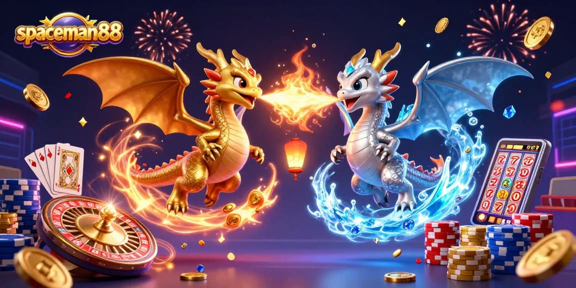 Experience the thrill with spaceman88 amidst cascading coins and mystical dragons in a vibrant casino scene.