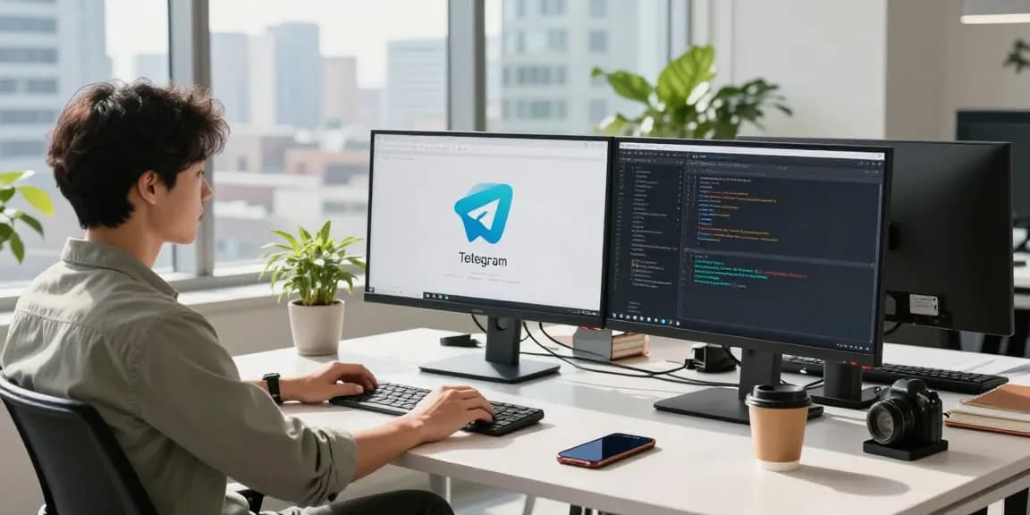 Engaged professional at a tech workspace focusing on telegramin-cn.com and coding Telegram app features.