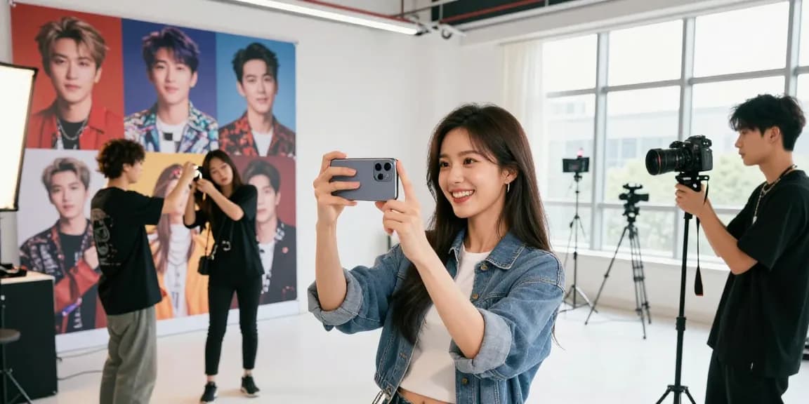 Woman taking a selfie to find who she looks like celebrities in a vibrant studio setting.