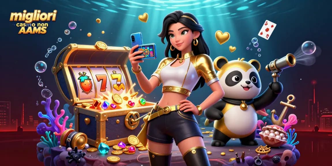 Scopri il fascino dei migliori casino non AAMS con slot, una donna elegante e una mascotte panda giocosa.