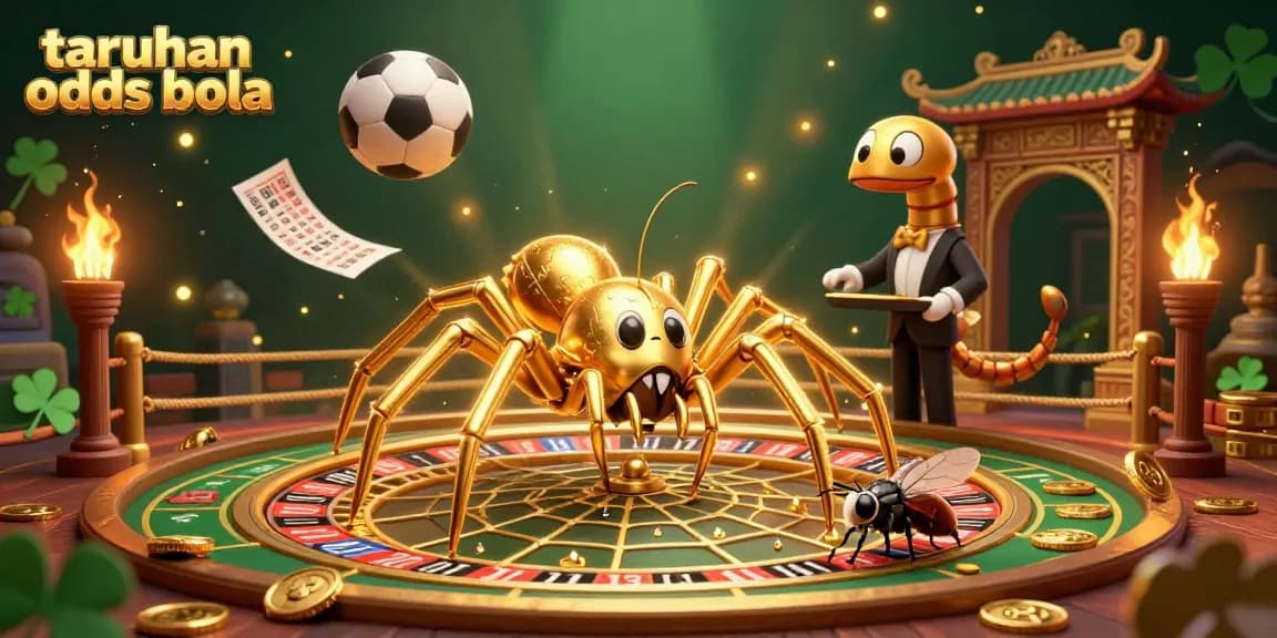 Engage in taruhan odds bola while a spider spins a roulette wheel web amidst vibrant betting elements.