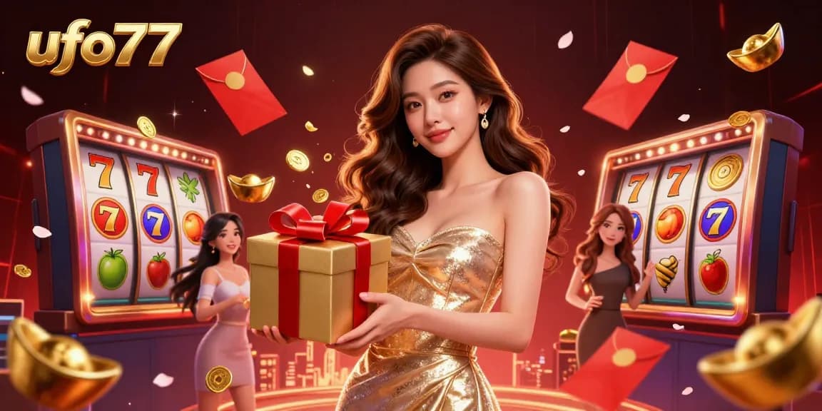Experience exhilarating gaming with ufo777, showcasing a glamorous Asian woman in a festive casino scene surrounded by rich symbols of fortune.