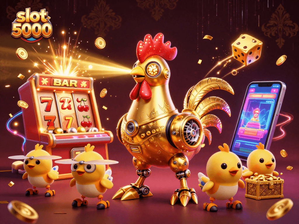 Experience slot 5000 excitement with a golden rooster robot and dynamic casino elements.