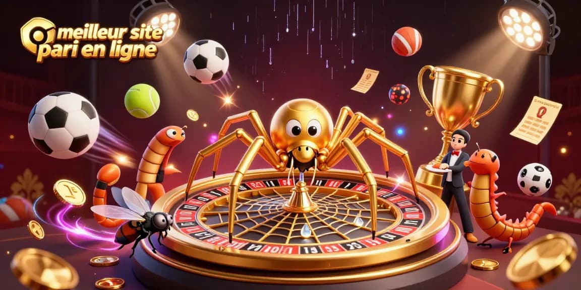 Parier sur le meilleur site de paris en ligne avec une araignée dorée créant un réseau, des ballons de sport et des éléments de paris.