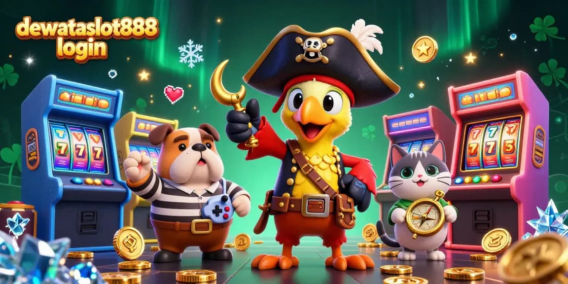 Mengakses dewataslot888 login dengan karakter kasino berwarna-warni, mesin game 3D, dan elemen slot yang menarik.