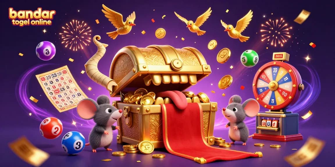 Engage with bandar togel online as the vibrant treasure chest and cartoon mice connect through lottery excitement.