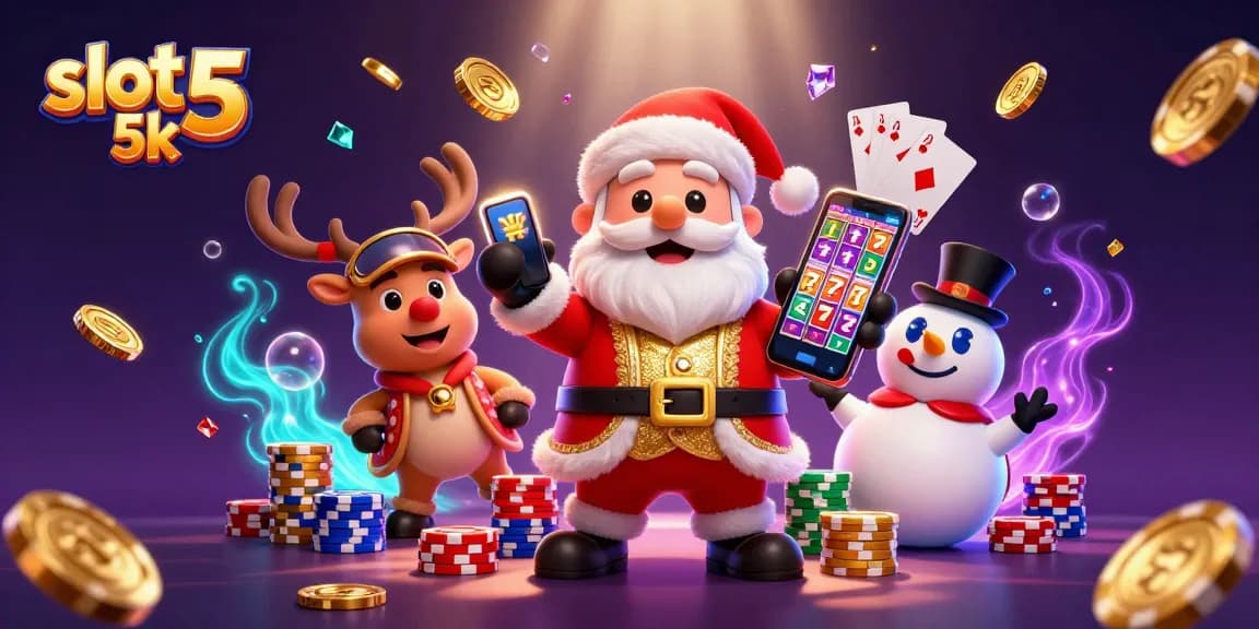 Experience the thrill of slot 5k with festive characters in a vibrant casino scene.