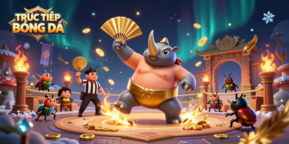 Experience TRỰC TIẾP BÓNG ĐÁ with a dynamic scene of a rhinoceros beetle champion and cricket referee in a lively gambling arena.