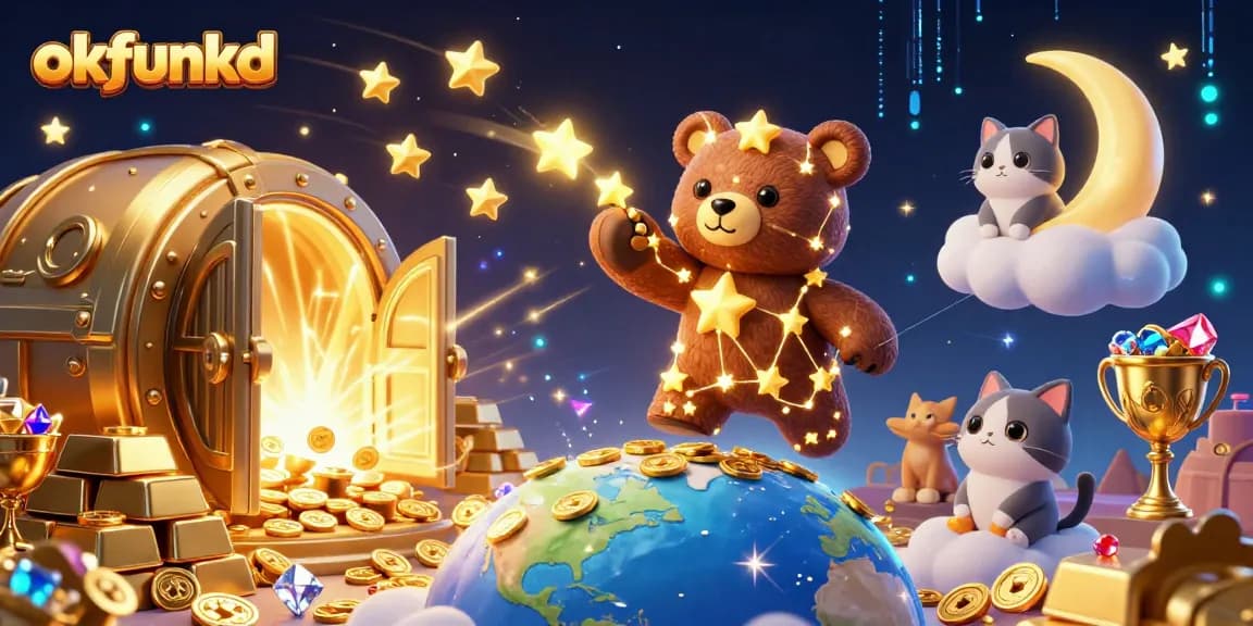 Experience the thrill of winning at okfunkd with vibrant 3D casino elements featuring a celestial bear and treasures.
