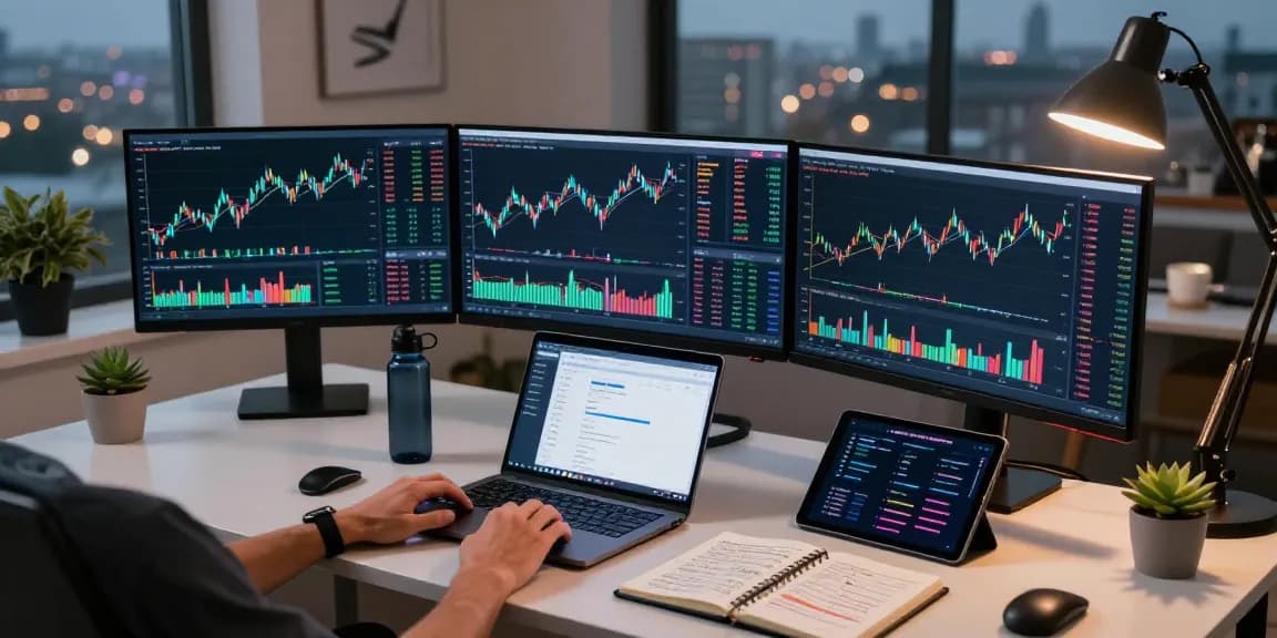 Cricbet99 cryptocurrency trading workspace with multiple monitors and charts for live market analysis.