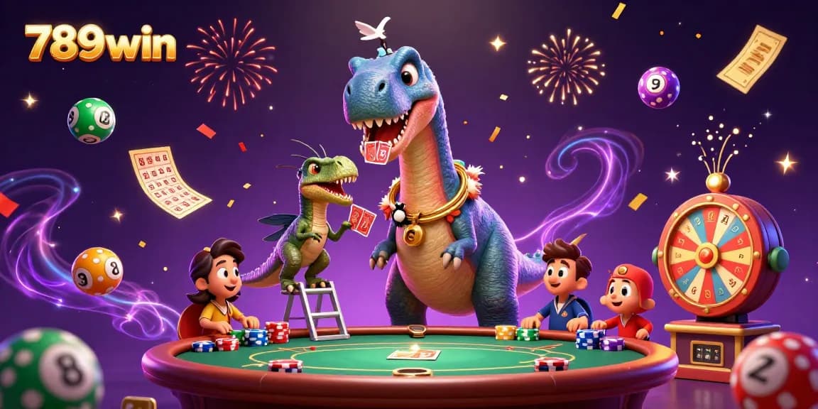 Engage with the vibrant 789win casino scene featuring a playful dinosaur theme with dynamic lottery elements.