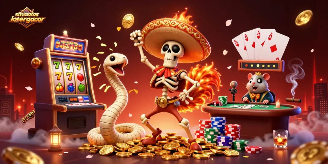 Engage with the thrilling world of situstotoslottergacor while enjoying a victory dance surrounded by vibrant slot and poker game elements.