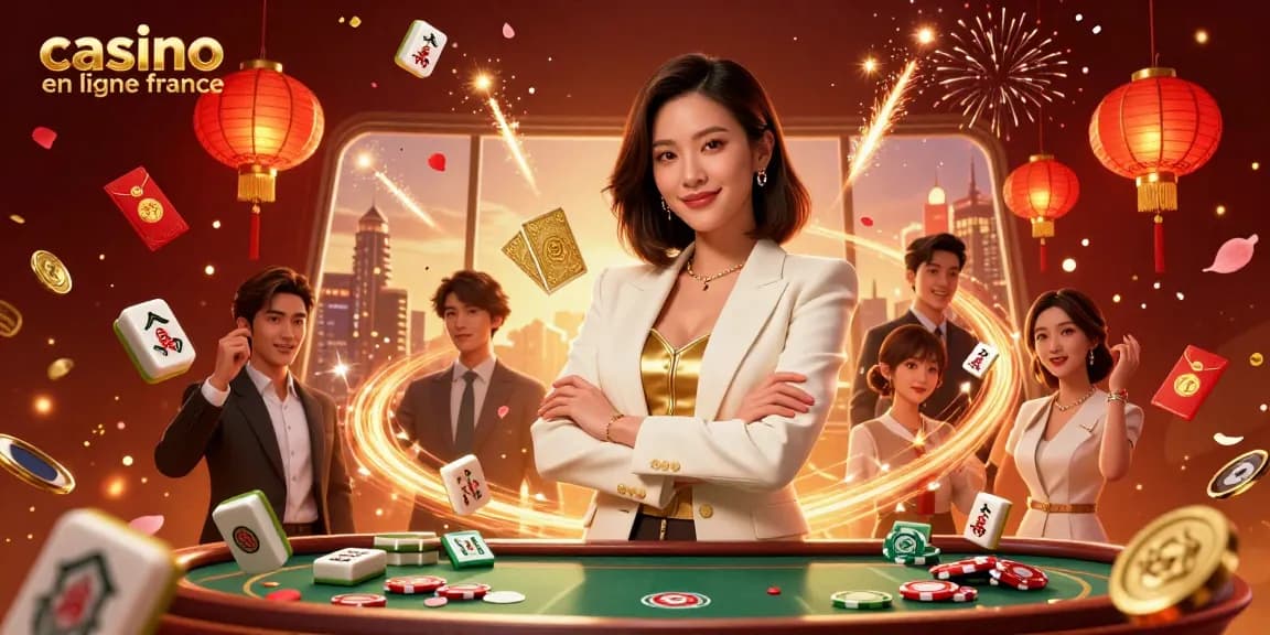 Vivez des frissons de casino avec la femme d'affaires élégante au casino en ligne France, entourée d'éléments de jeu luxueux et de visuels festifs.
