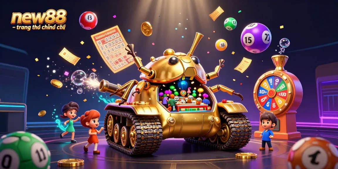 Experience the excitement of new88 - trang chủ chính thức with a golden beetle tank casino bursting with lottery balls, confetti, and prizes.