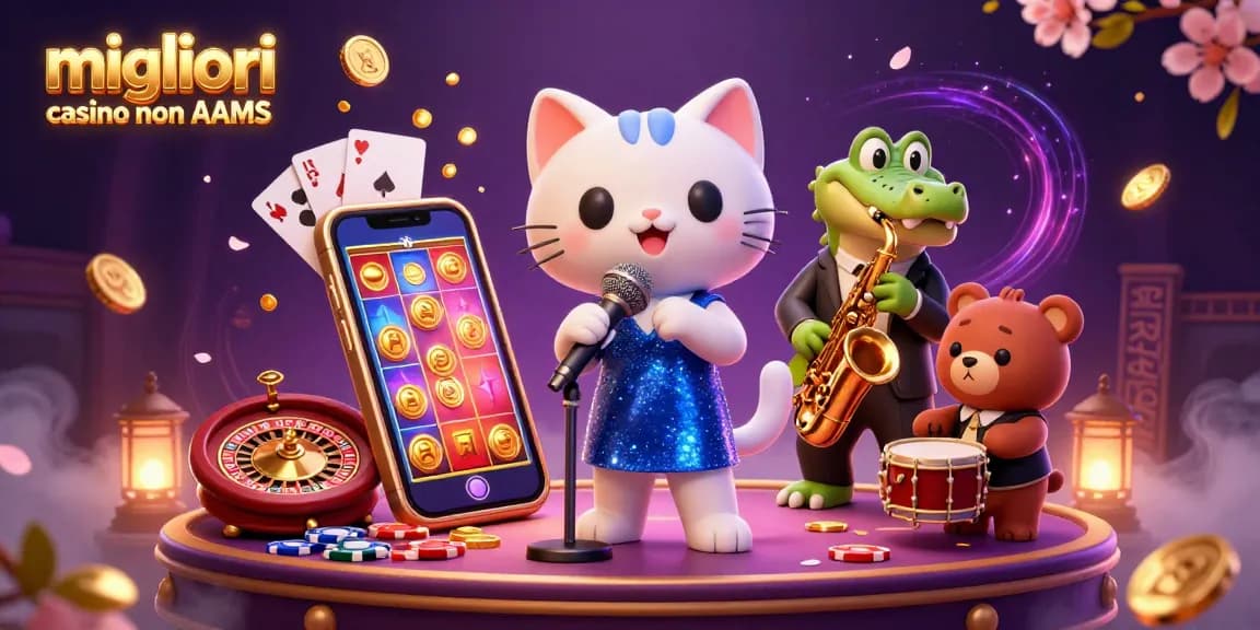 Migliori casino non AAMS mostra un'illustrazione 3D vibrante con un gatto jazz, un coccodrillo e un cucciolo d'orso tra elementi di gioco entusiasmanti.