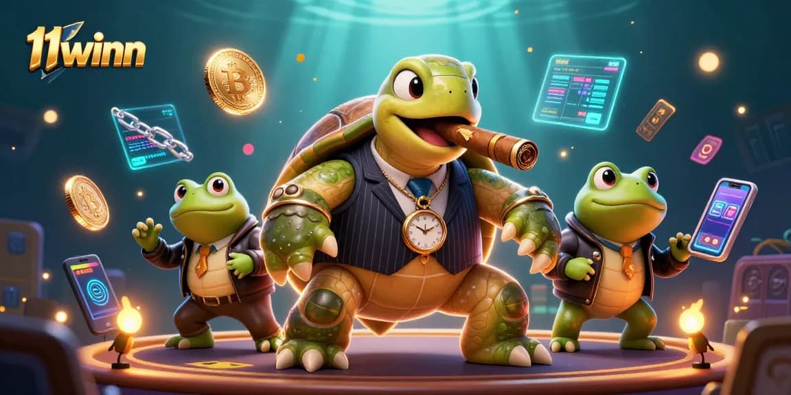 Engage with 11winn's vibrant 3D casino illustration featuring a mobster turtle and crypto game elements.