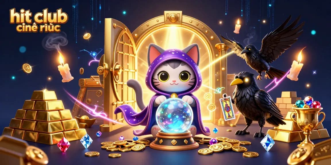Experience the magic of hit club chính thức with a mystical cat and tarot raven amidst dazzling casino treasures.