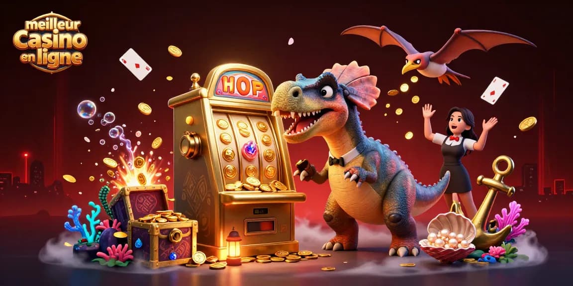 Jackpot gagnant au meilleur casino en ligne, illustré par un dinosaure et un gestionnaire paniqué