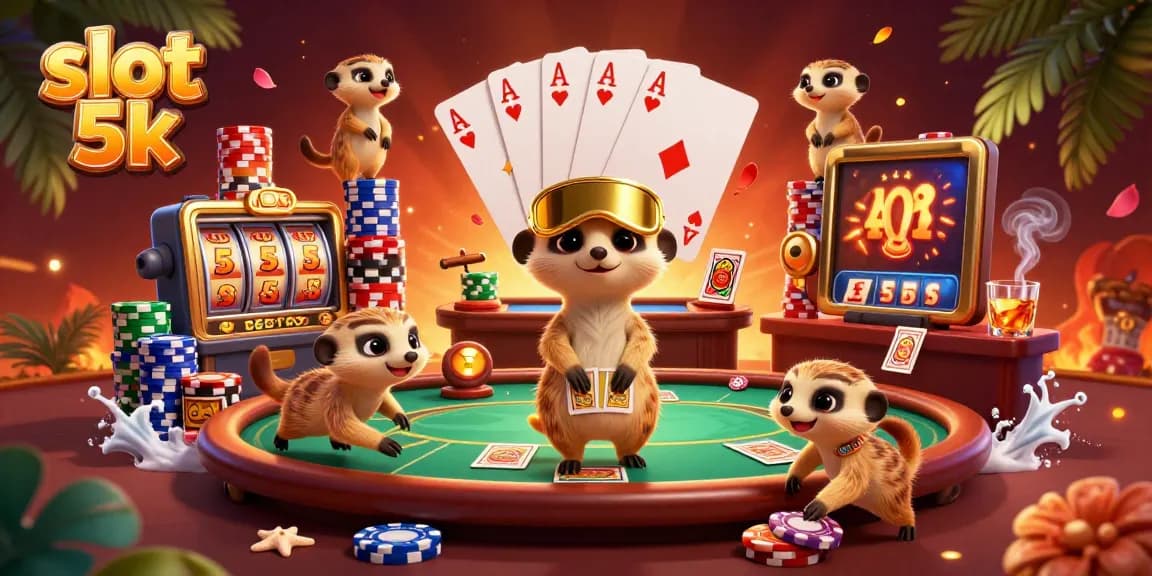 Experience thrilling slot 5k action in a cartoon casino with meerkats, chips, and jackpot excitement.