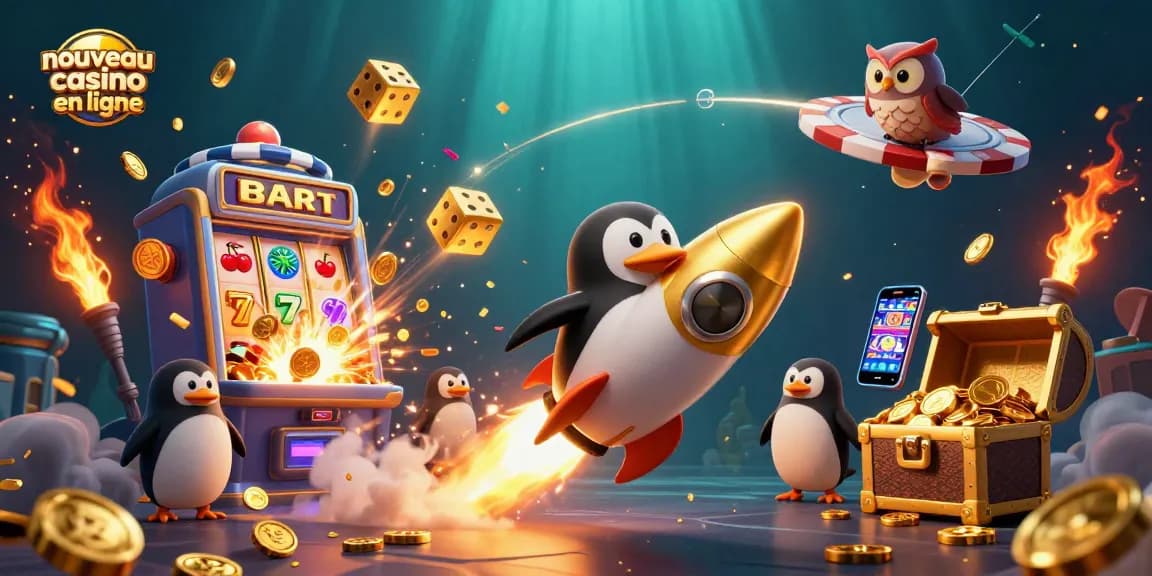 Jouez au nouveau casino en ligne avec un pingouin doré propulsé par des fusées, entouré de jeux et de symboles de chance.