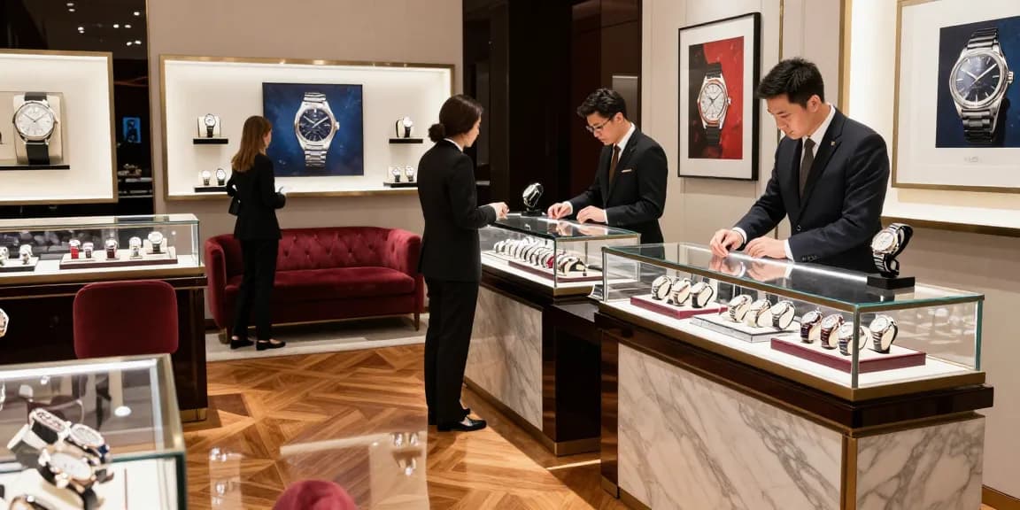 Showcasing premium replica watches in a luxurious showroom with expert assistance.