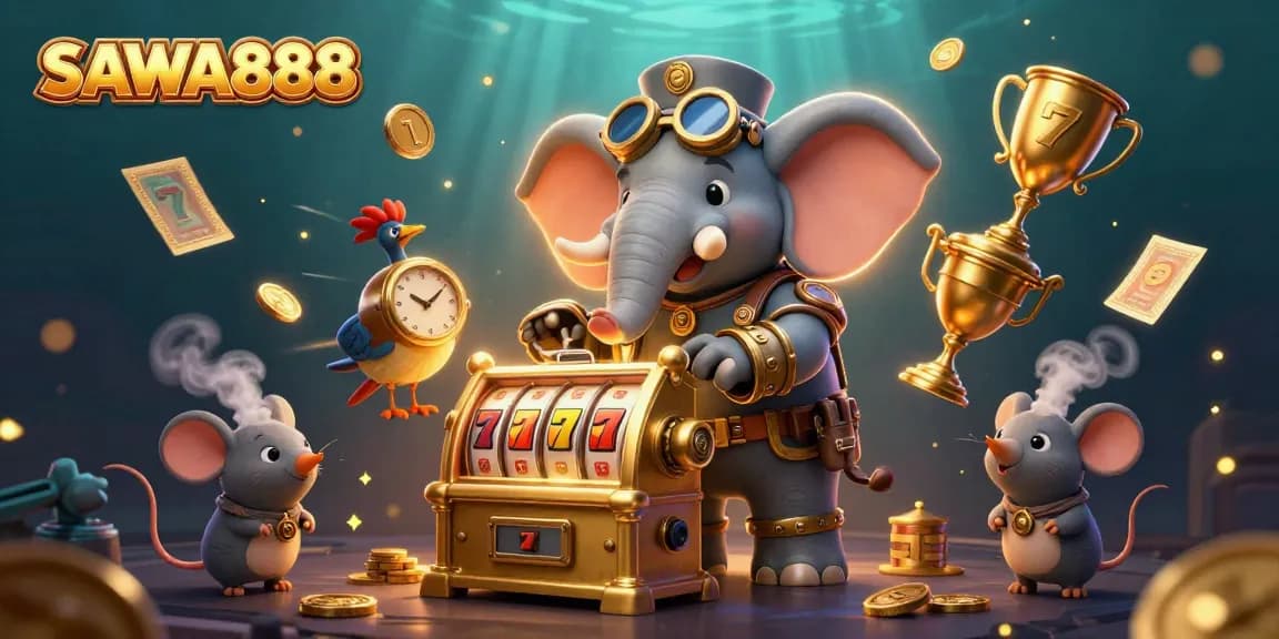 Engage with thrilling slots at SAWA888 with a steampunk theme, featuring a golden slot machine and animated characters.