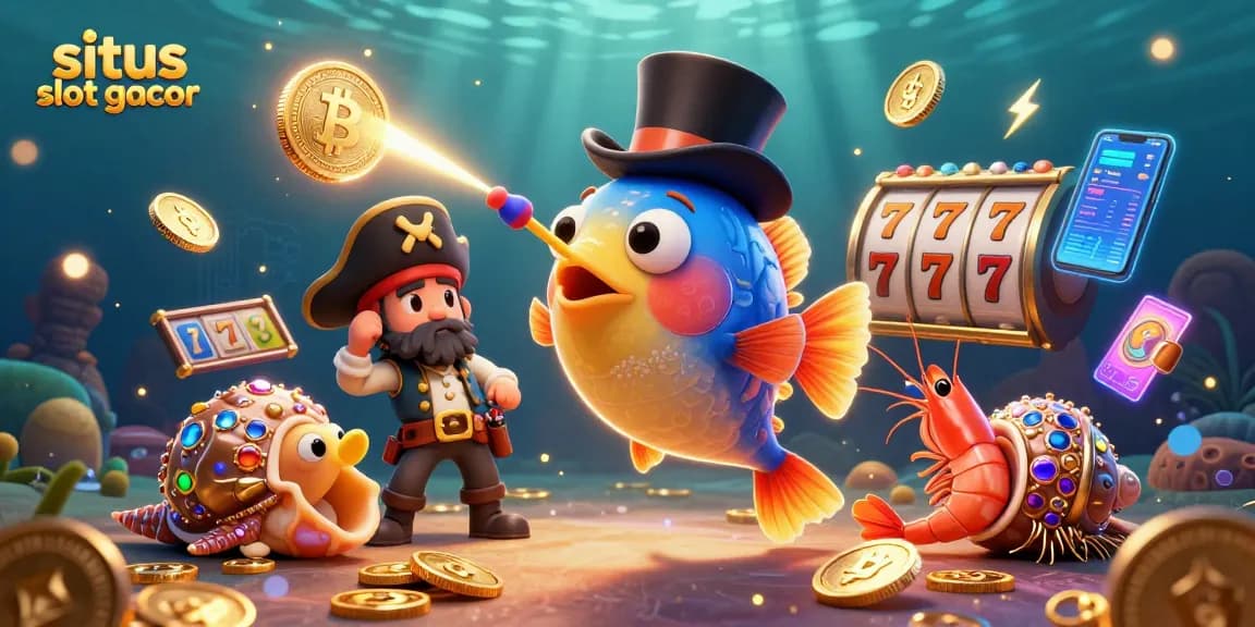Engage with situs slot gacor featuring a playful deep-sea anglerfish and shiny coins amidst rich jackpot visuals.
