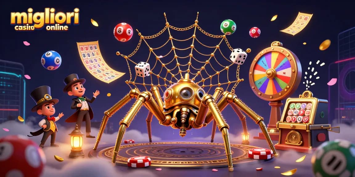 I migliori casino online presentano un'illustrazione 3D vivace con una ragnatela dorata e giochi d'azzardo dinamici.