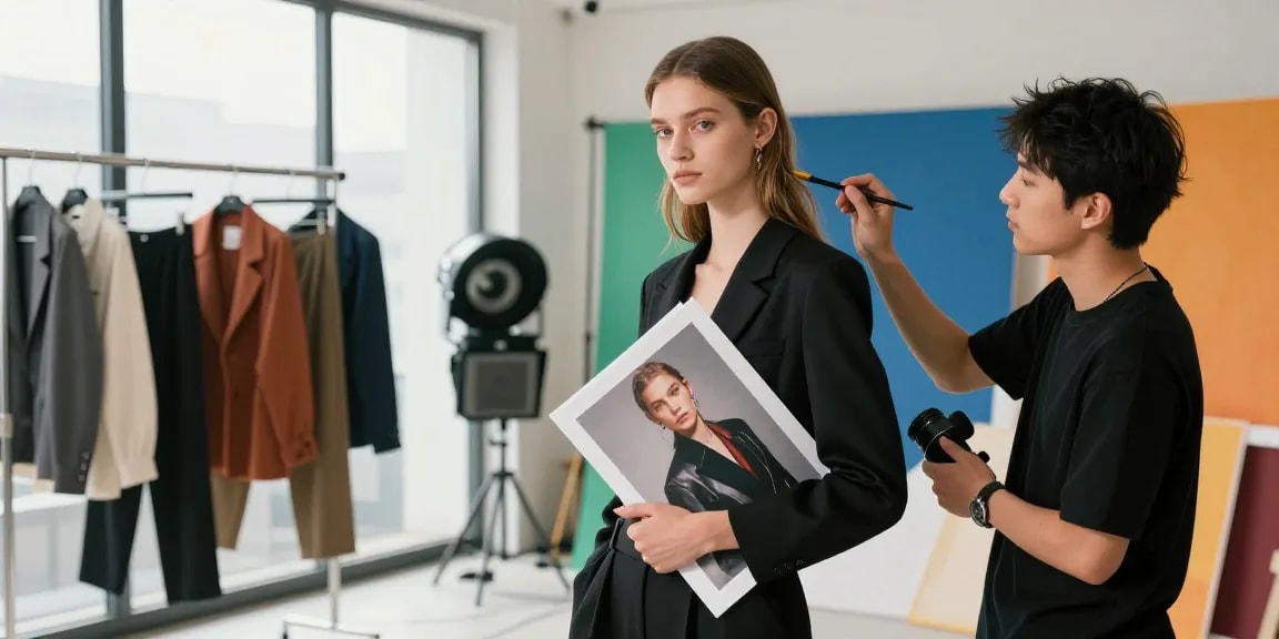 Book Fotografico per Modelli: modella in uno studio fotografico elegante mostra il suo portfolio.