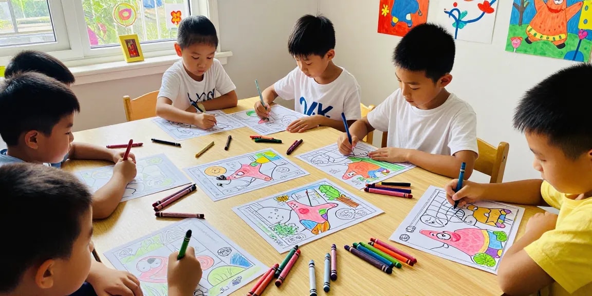 Kids enjoying Seasonal coloring pages of Patrick Star with colorful crayons