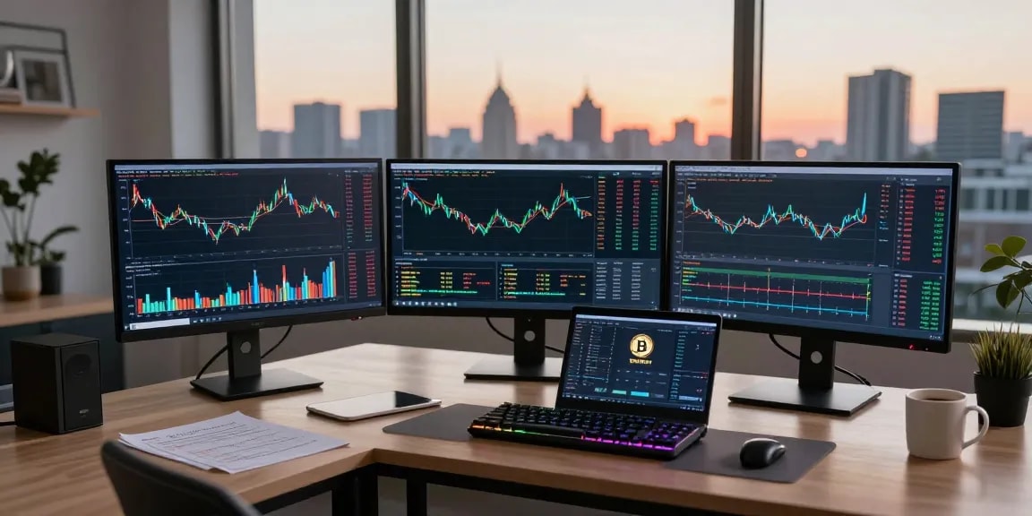 Stockton Rush net worth visualization in a crypto trading workspace with Bitcoin charts and digital wallet.