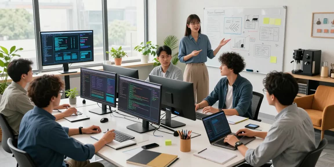 Collaborative tech workspace featuring a discussion on 纸飞机中文版 with coding screens and laptops.