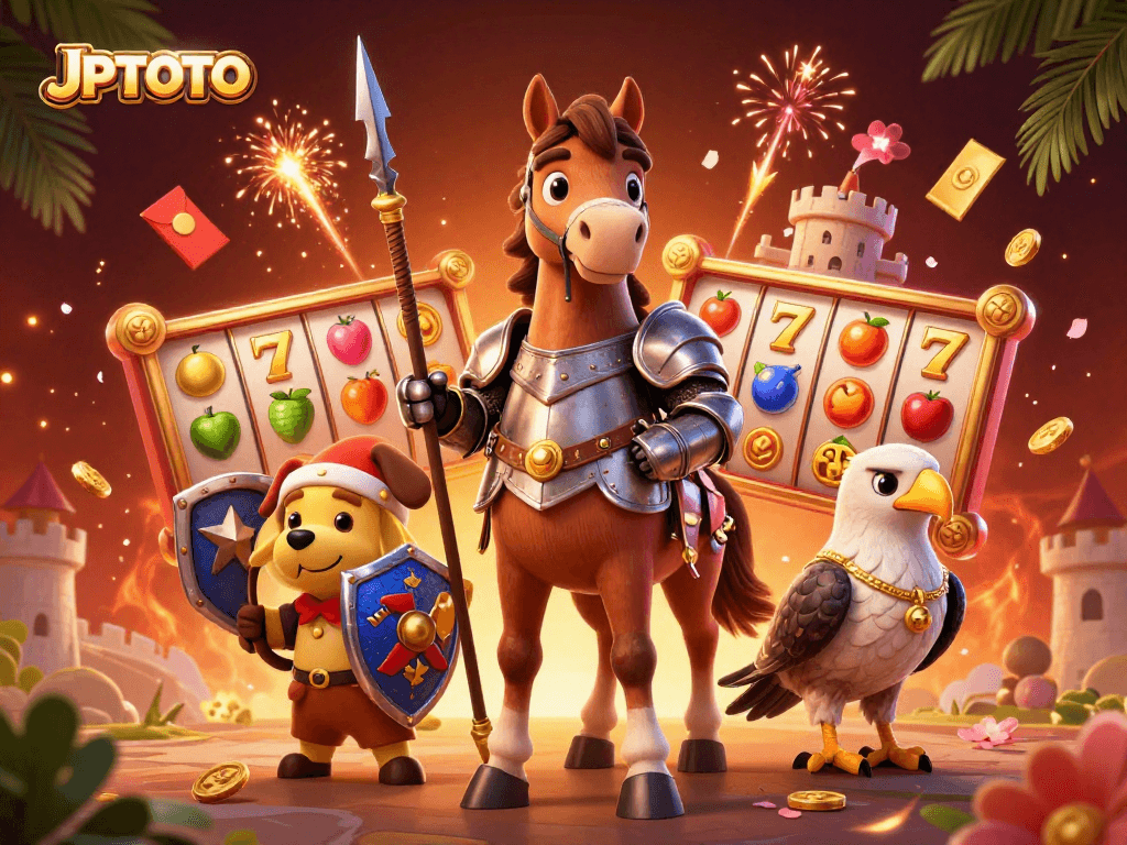 Experience JPTOTO's vibrant casino world with colorful slot reels and dynamic gaming elements