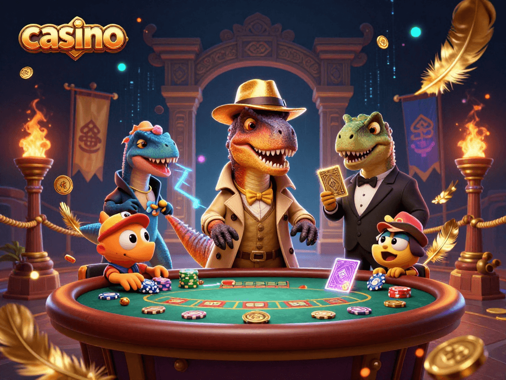Experience thrilling casino action with a sly velociraptor card counter, a watchful stegosaurus pit boss, and a sneaky compy pickpocket.