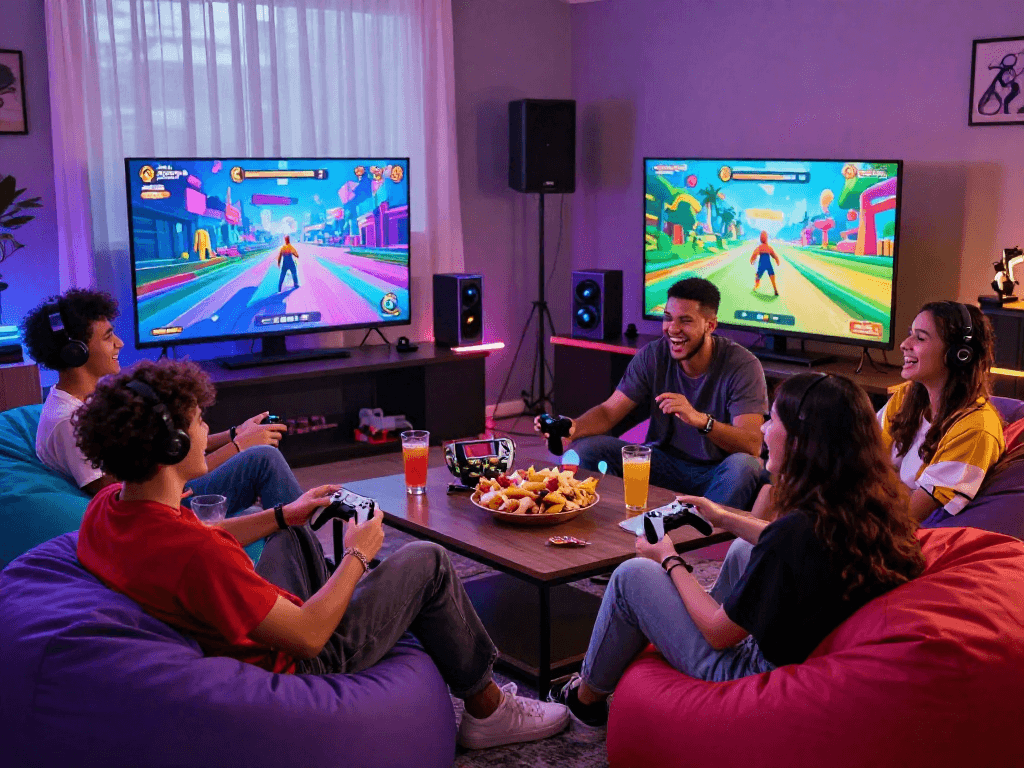 Friends intensely playing porngames in a vibrant gaming lounge setting